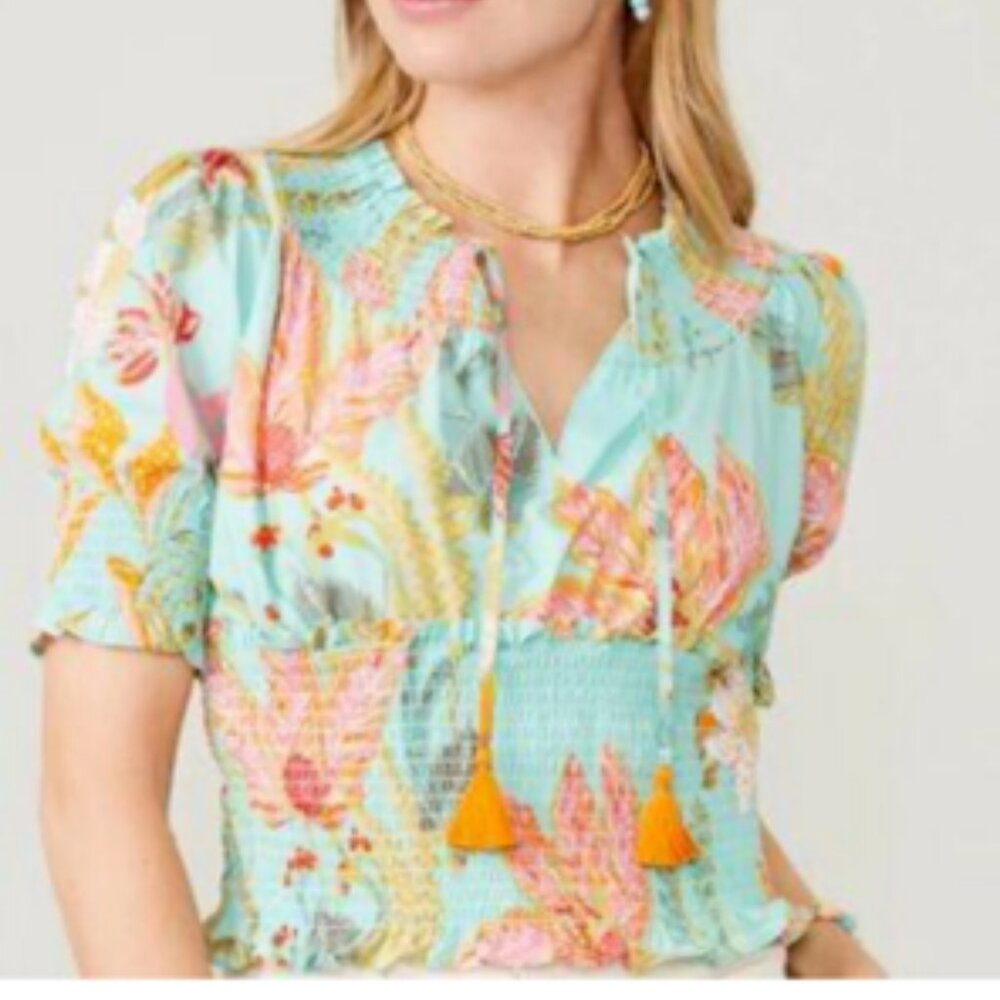 Spartina 449 Aqua Floral Smocked Peasant Blouse with Yellow Tassels